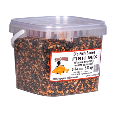 Стік/Метод мікс "Fish mix" Big Fish Series 2-3-4 мм 500 гр + Feed Stim 100 мл от Трофей рыбалка Стік/Метод мікс "Fish mix" Big Fish Series 2-3-4 мм 500 гр + Feed Stim 100 мл прикормка приманка